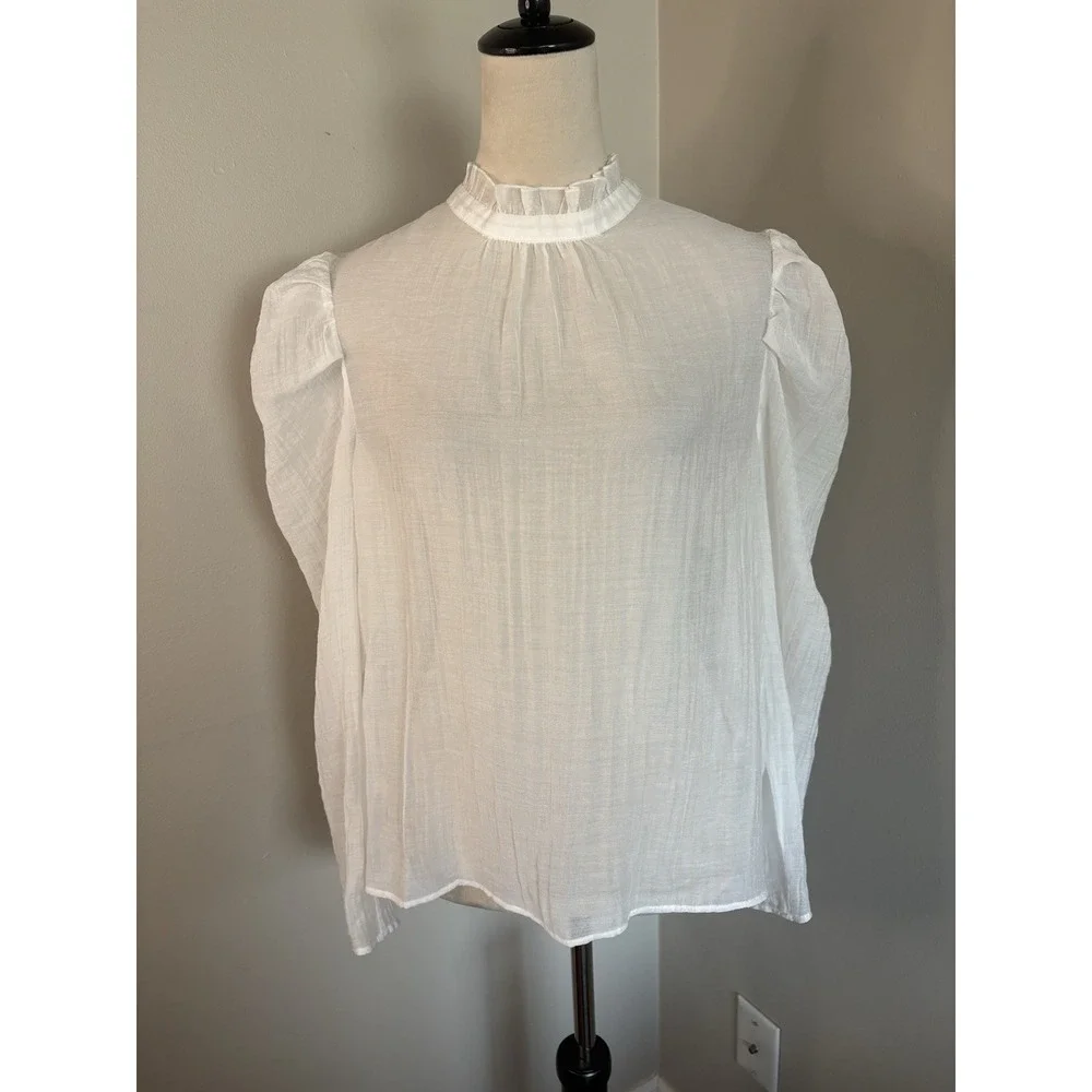Maeve & Anthropologie White Sheer Blouse Mock Neck Puff Sleeve Gauze Size Medium